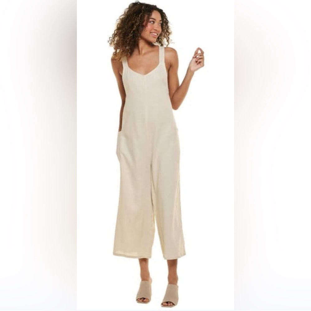 NEW HUNTER & BROWN Flowy‎ Casual Jumpsuit XL linen blend beige romper - Picture 2 of 10